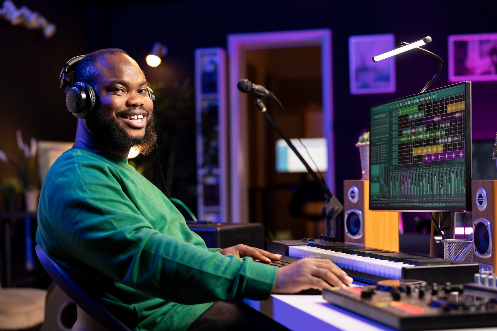 Recording session in the vocal booth — artist tracking vocals, producer at the console.
