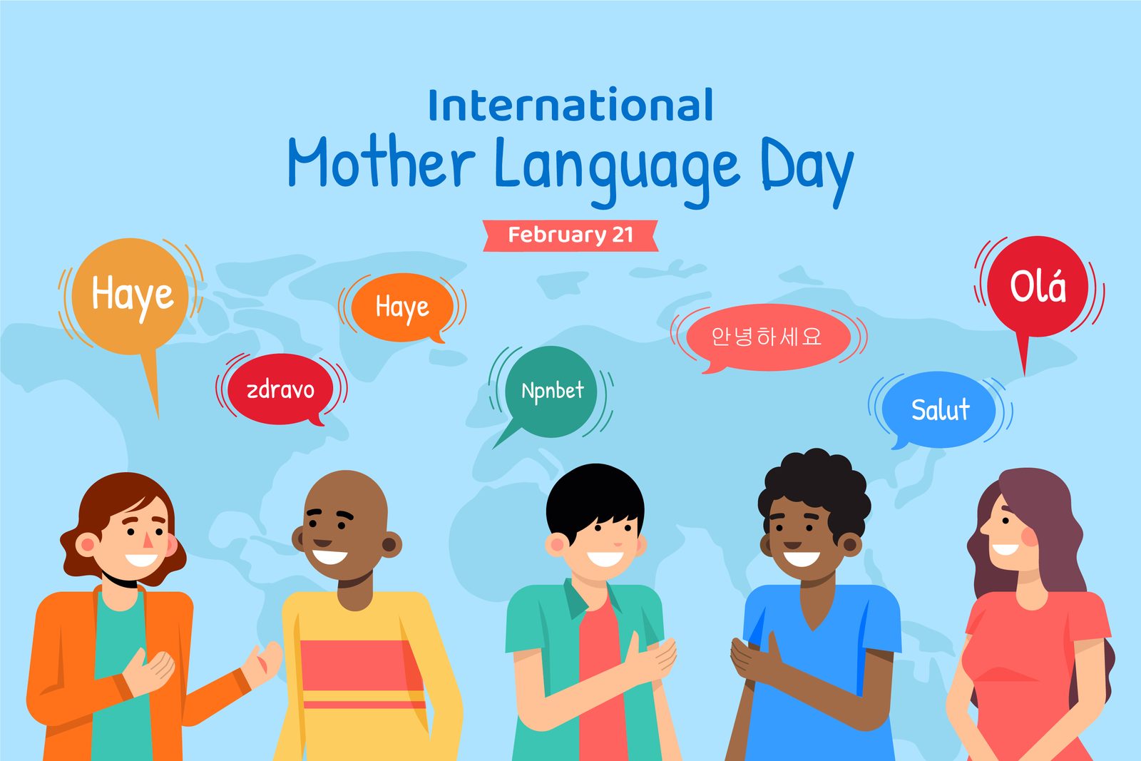 Illustration: many languages, one conversation — the world speaking together.