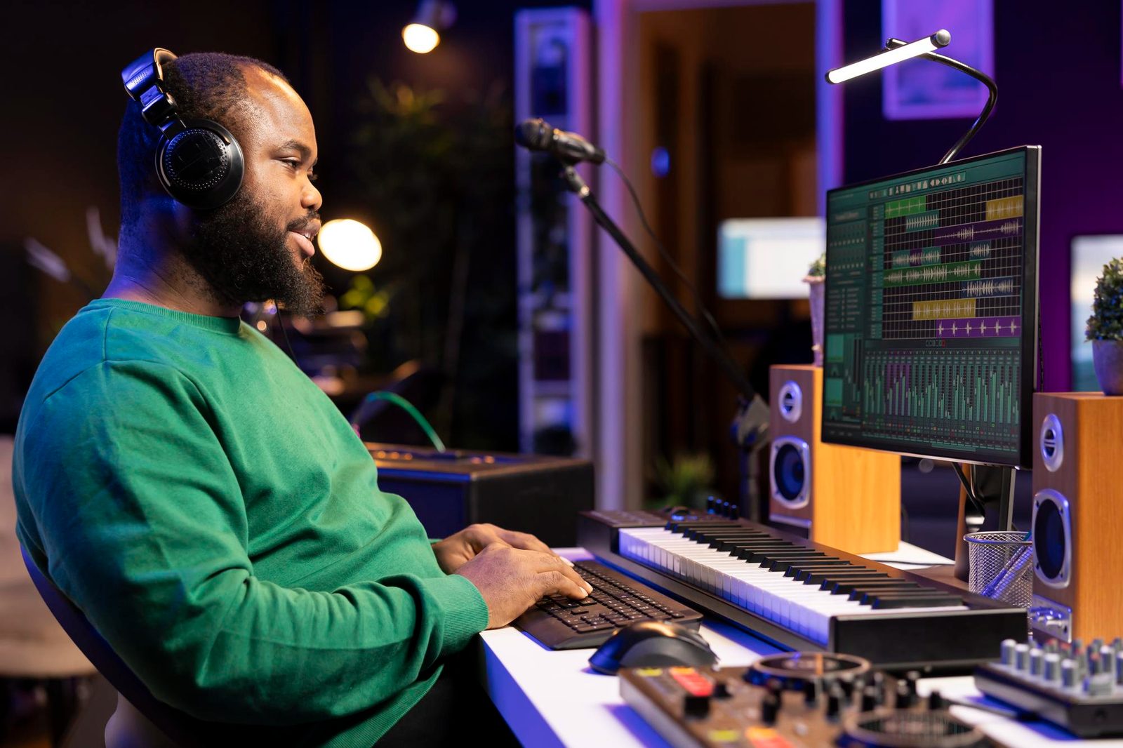 Headphones over a waveform / studio console — GIME Music Production, purple tones.